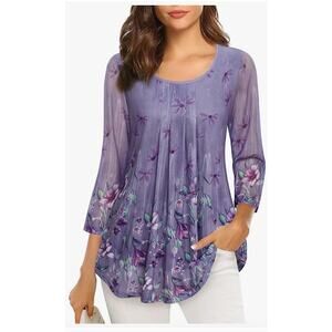 Valolia Blouse Women's 3 XL V-Neck Floral Sheer Sleeve Career Lined Purple